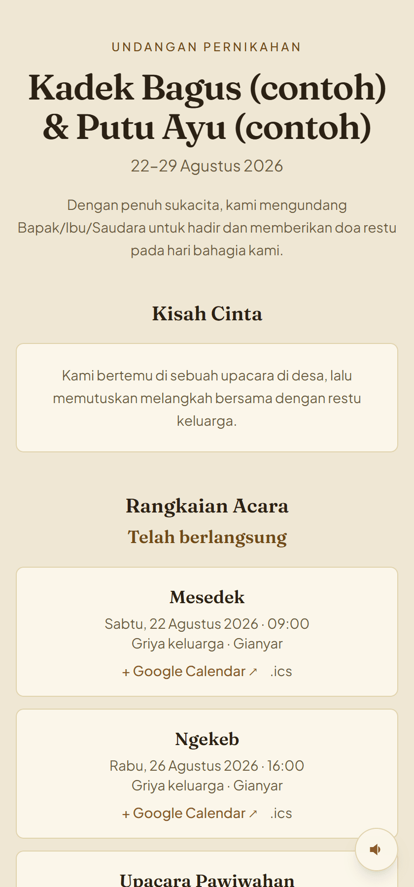 Layar undangan digital di ponsel: nama kedua mempelai, rentang tanggal 22 sampai 29 Agustus 2026, bagian Kisah Cinta, dan kartu Rangkaian Acara berisi Mesedek dan Ngekeb lengkap dengan jam, lokasi, dan tautan tambah ke Google Calendar.